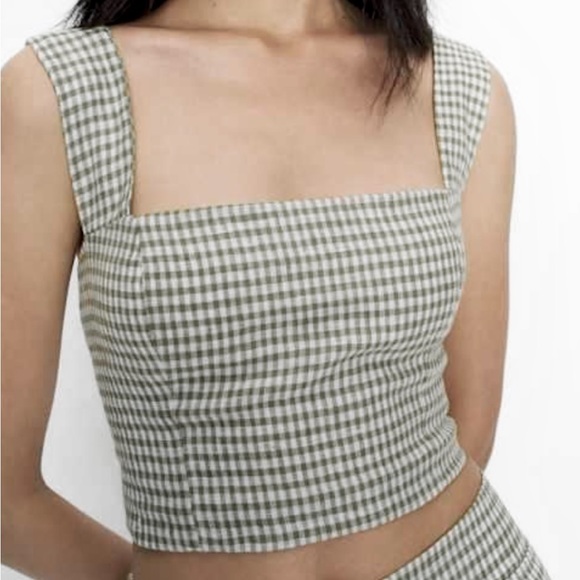 NEW Reformation Linen Square neck Top Size 2 XS Gingham Teal Plaid White - Picture 1 of 8